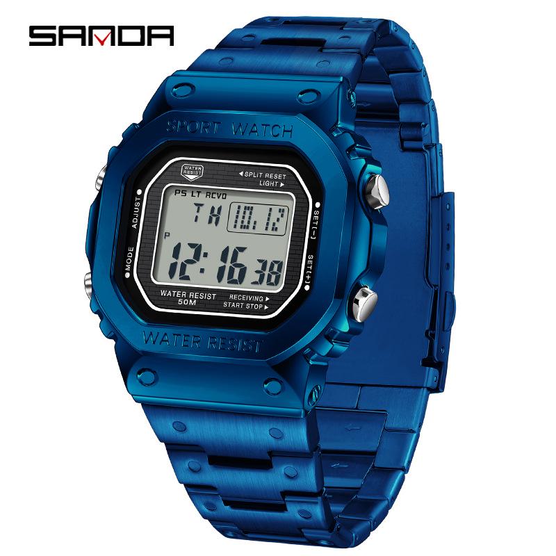 Sanda Men's Square Waterproof Electronic Watch with Fashionable Light and Alarm Clock.