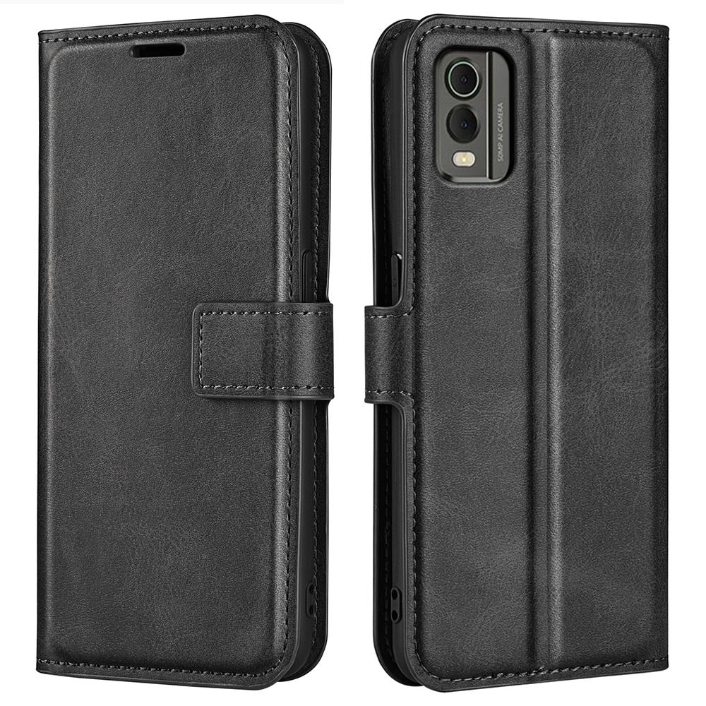 

For Nokia C32 Stand Shell Wallet Square Magnetic Closure PU Leather Calf Texture Phone Case Black