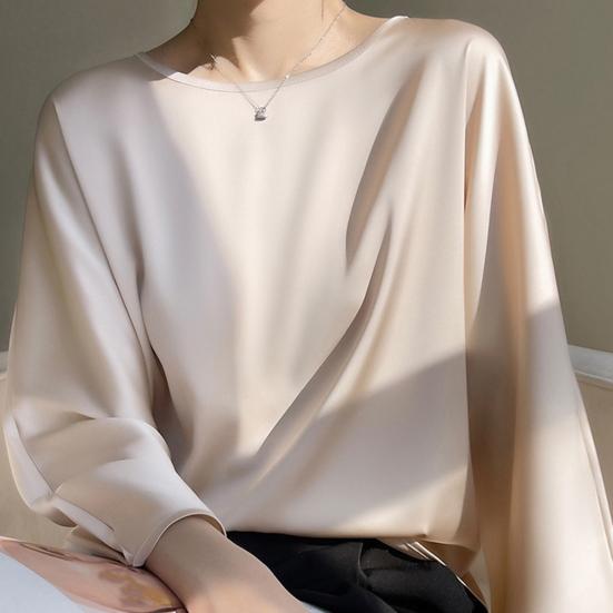 Frühling Sommer Frauen Oansatz 3/4 Ausgestellte Ärmel Bluse Einfarbig Lose Fit Glatte Satin Dünne T-shirt Streetwear
