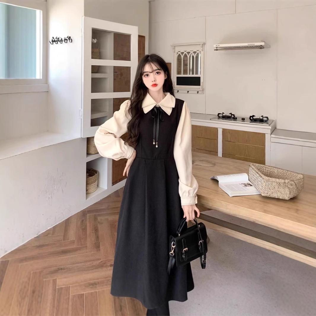 

Вельветовое платье-двойка с воротником Питер Пэн, приталенное, женское, средней длины, коллекция осень/зима 2024 L чёрный