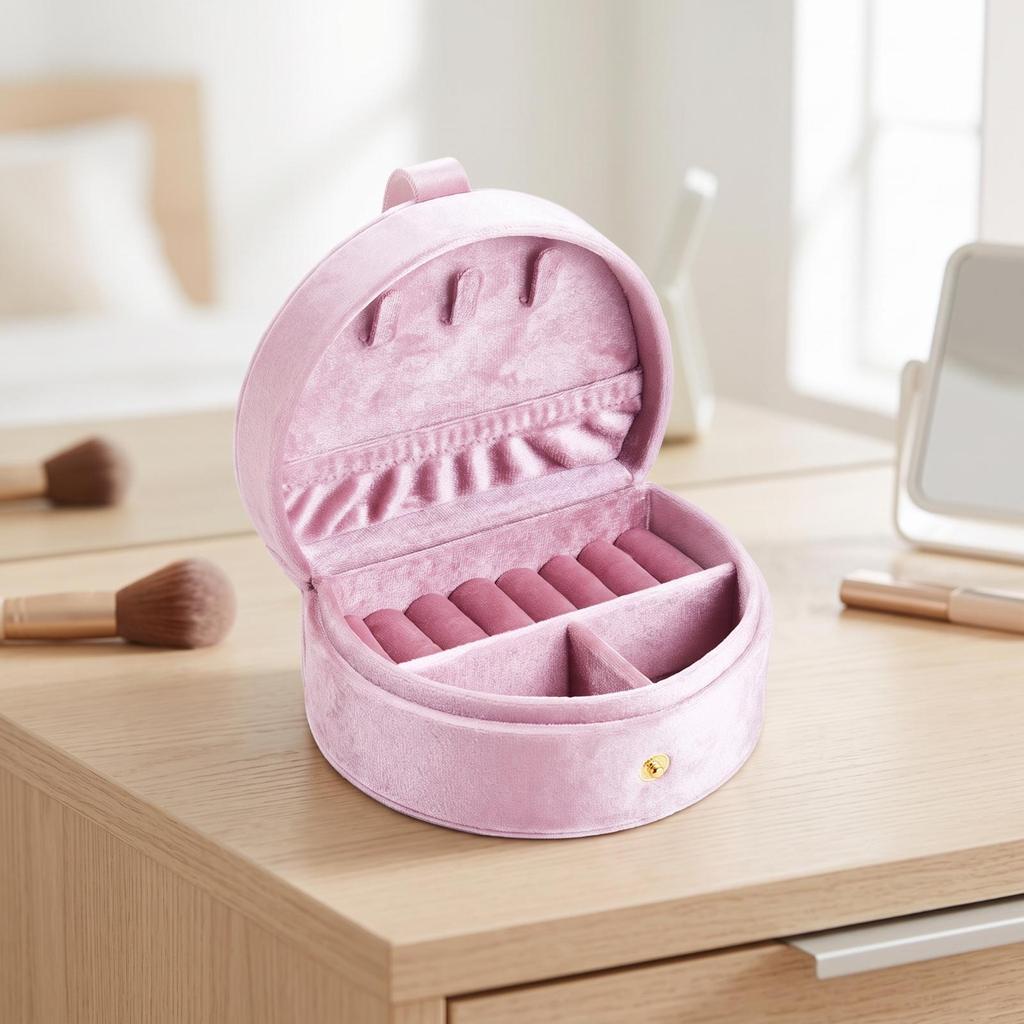 Compact Velvet Jewelry Box with Snap Closure Elegant Round