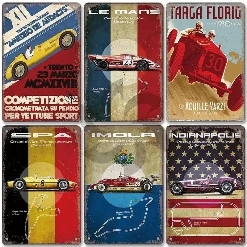 Metal Tin Signs Racing Car Plaque Metal Poster F1 Racetrack Nostalgic Vintage Metal Wall Art Decor for Garage Racing Club Home