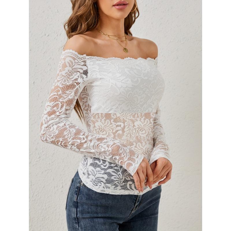 Pure Desire Spice One Line Neck Lace Top Women's New Sexy Slim V-neck with Elegant Off-the-shoulder Long Sleeve T-shirt