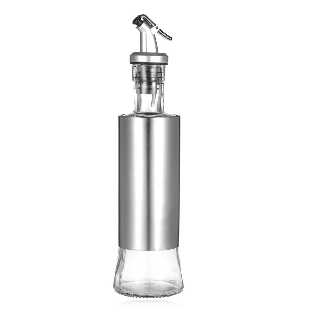 Olive Oil Dispenser Glass and Stainless Steel Bottle Drizzler Vinegar and Oil Cruet with Pourer Drip-Free Spout for Kitchen 300ml / 10oz