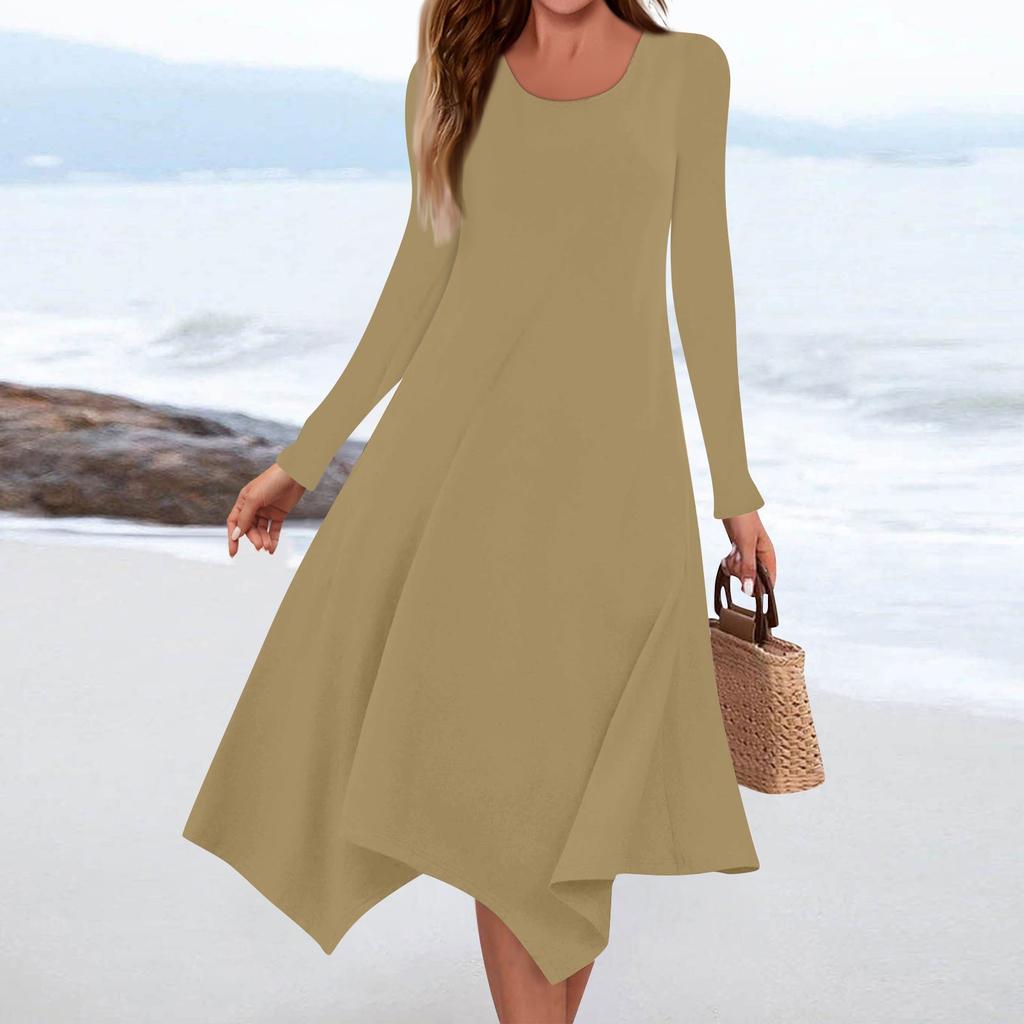 Women's Casual Fashion Round Neck Long Sleeve Solid Color Irregular Hem Midi Dress