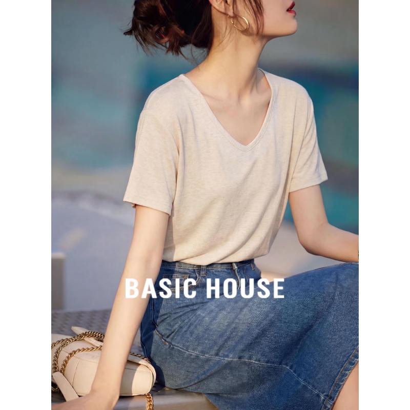 Basic House Women s Tencel Lyocell V-Neck Short Sleeve T-Shirt L