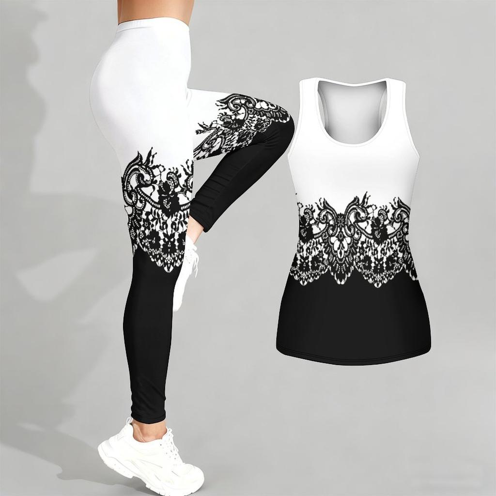Retro Flower Printed Yoga Outfit for Women Fashion Workout Leggings Fitness Sports Casual Yoga Set Sports Suit