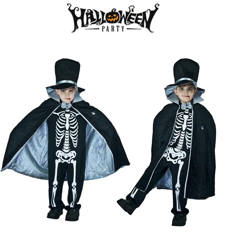 Kids Boy Skeleton Skull Ghost Cloak Halloween Cosplay Party Outfit Costume