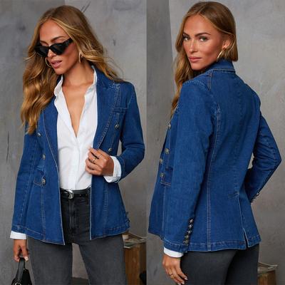 Veste en jean pour femme à col revers, manches longues, coupe ajustée, Blazer Décontracté Streetwear