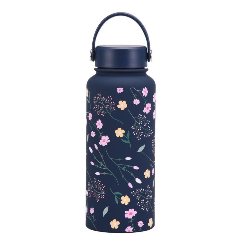 1000ml Stainless Steel Insulated Bottle Thickened Large Capacity Sports Water Bottle Wide Mouth with Handle Printed Cup