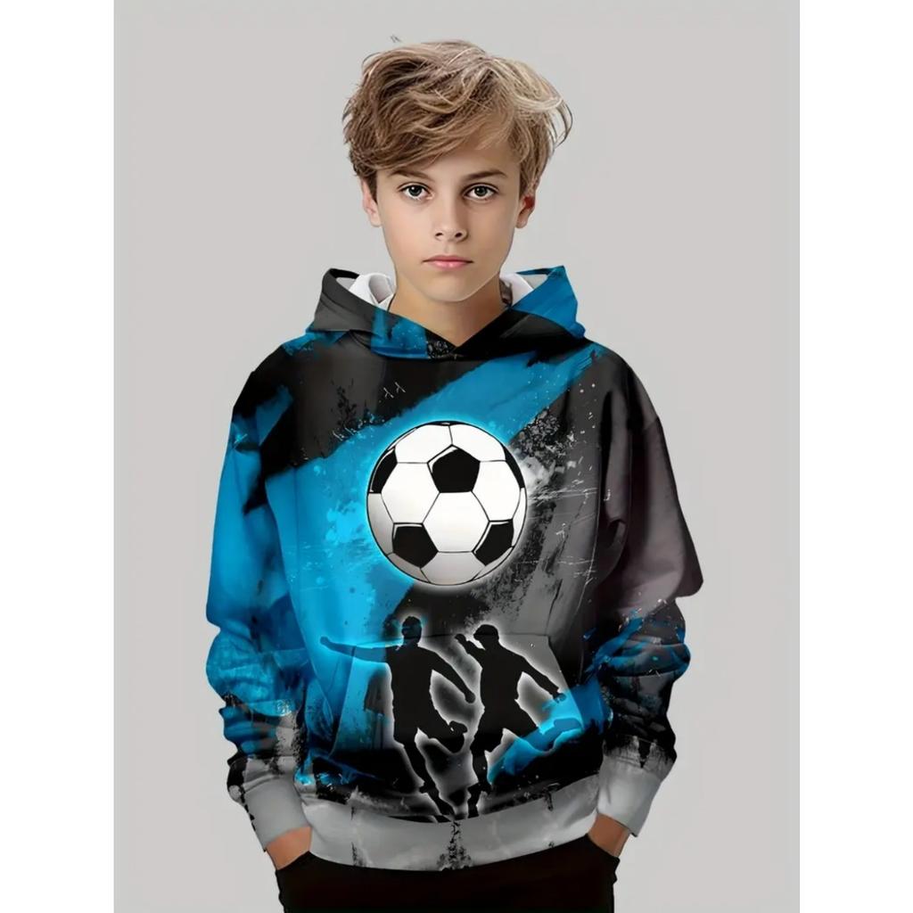 Jungen 3D Fußball Harajuku Print Hoodie Lässig Polyester Langarm, Leichter Stretch, Kapuzen-Outdoor-Sweatshirt zum Laufen