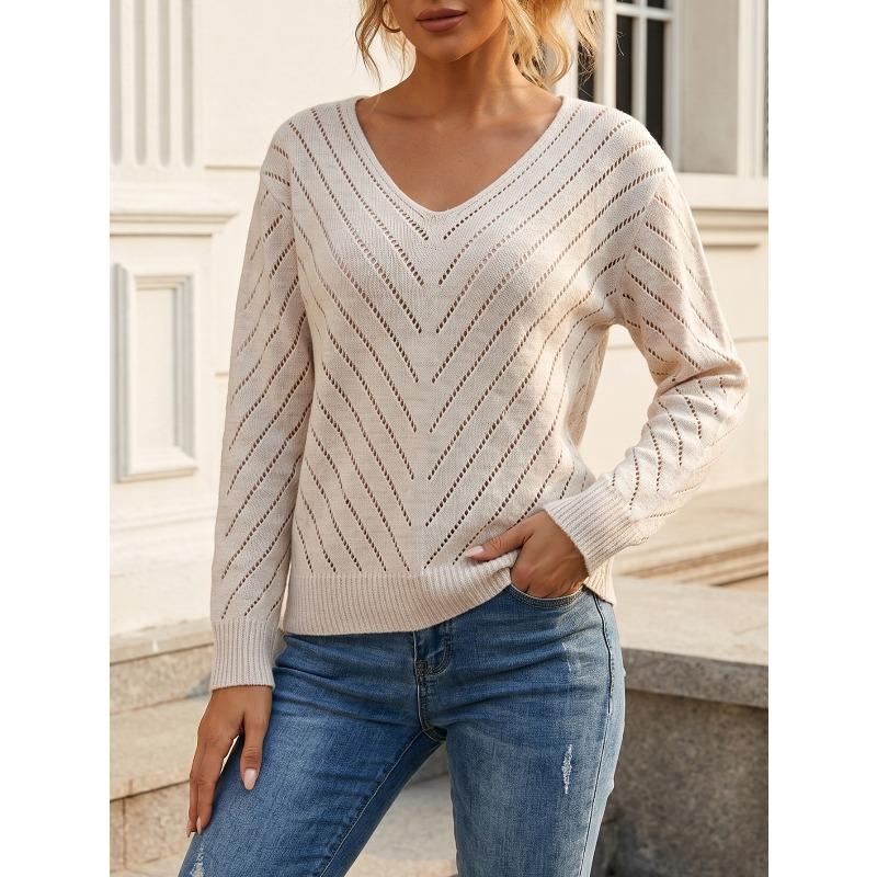 Autumn and Winter New V-neck Knitted Sweater Women's Clothing Hollow Loose Casual Long-sleeved Pullover Sweater Women