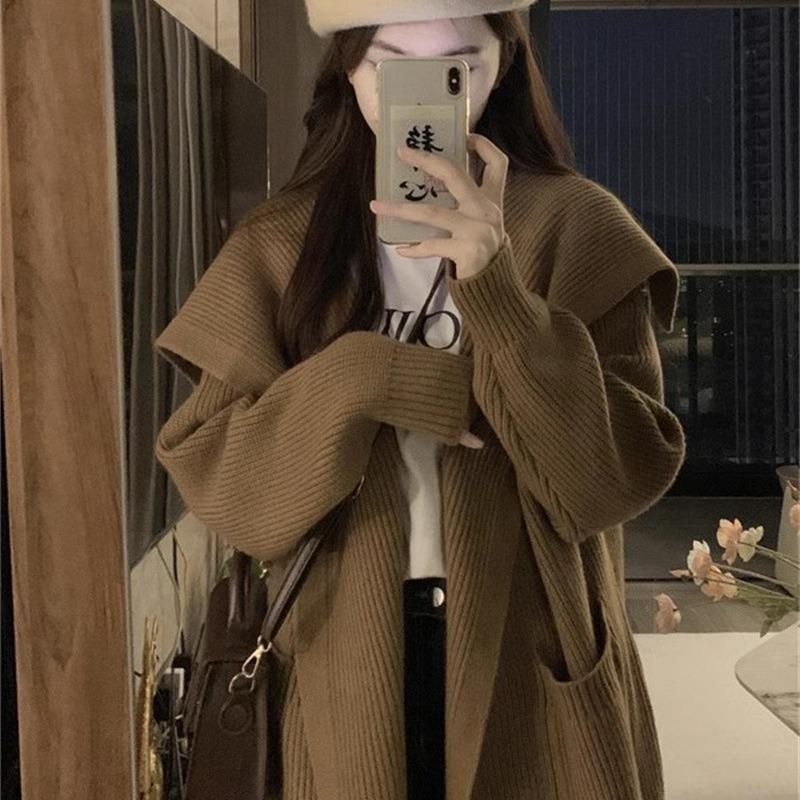 Thickened large sweater jacket women's autumn and winter medium and long loose lazy style retro knitted cardigan new