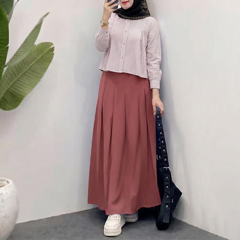 ZANZEA Women Long Sleeve Stripe Blouse and Long Skirts Casual Two Piece Suit Sets