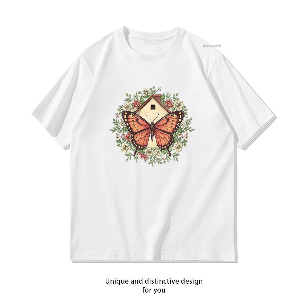 

Butterfly Cottage Floral Botanical Art Classic TShirt Women Unisex Casual Cotton Graphic T Shirts Creative Camisetas 3XL