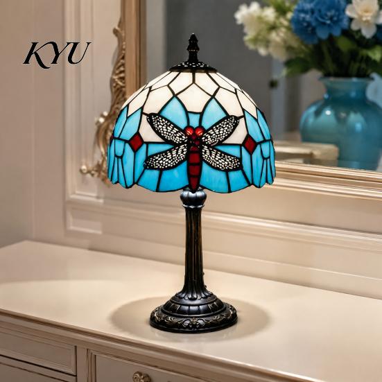 Vintage Dragonfly Bedside Lamp Tiffany Stained Glass Table Lamp, Blue Night Light, Style Ornament Decorative Atmosphere for Bedroom Living Room