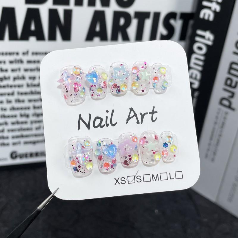 Handmade Press-On Nails Short Square Ice-Transparent Sparkly Cute Nail Tips Women With Heart Star Design