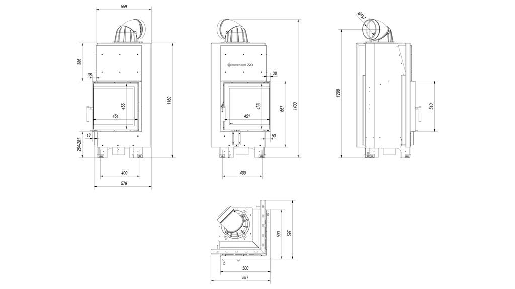Steel fireplace KRATKI MBN right 8 kW Ø 200 black thermotec
