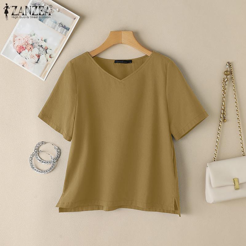 ZANZEA Women Casual V-Neck Summer Short Sleeve Cotton T-Shirts