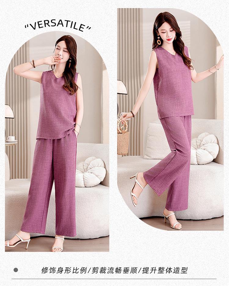 Set Pigiama Estivo Senza Maniche Taglie Forti da Donna – Elegante Pantalone a Gamba Larga Monocolore per Madri di Mezza Età