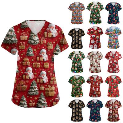Women's V-neck Christmas Printed Short-sleeved Pocket Side-slit Protective Suit Top