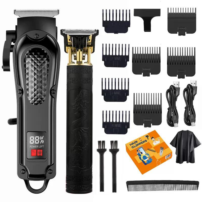 Digital Display Hair Clipper Set: Electric Parent-Child Haircut Kit with Oil Head Carving and Scissors