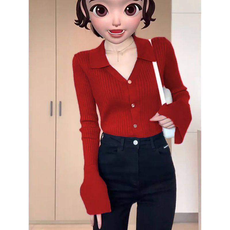 

French Retro Red Polo Collar Knitted Cardigan - Slim Fit Ribbed Spring Layer Top S (80-95 cm)