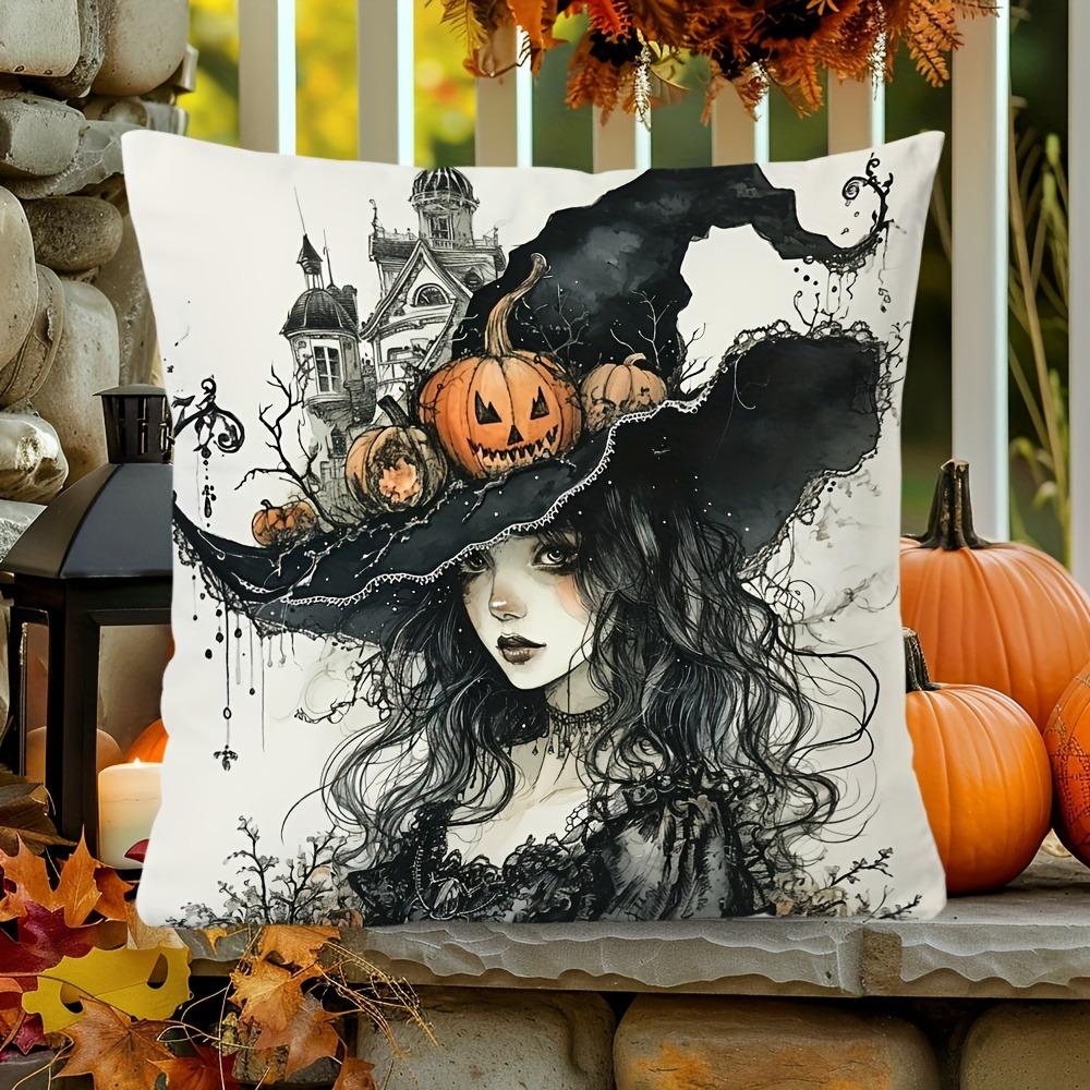 Halloween pillow cover with zipper closure, living room sofa cushion cover, pumpkin, bat, cat, skull, crow pattern