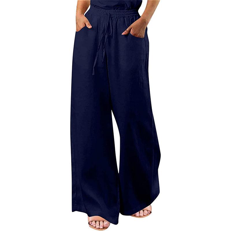 Women's casual wide-leg pants elastic waist lace-up trousers