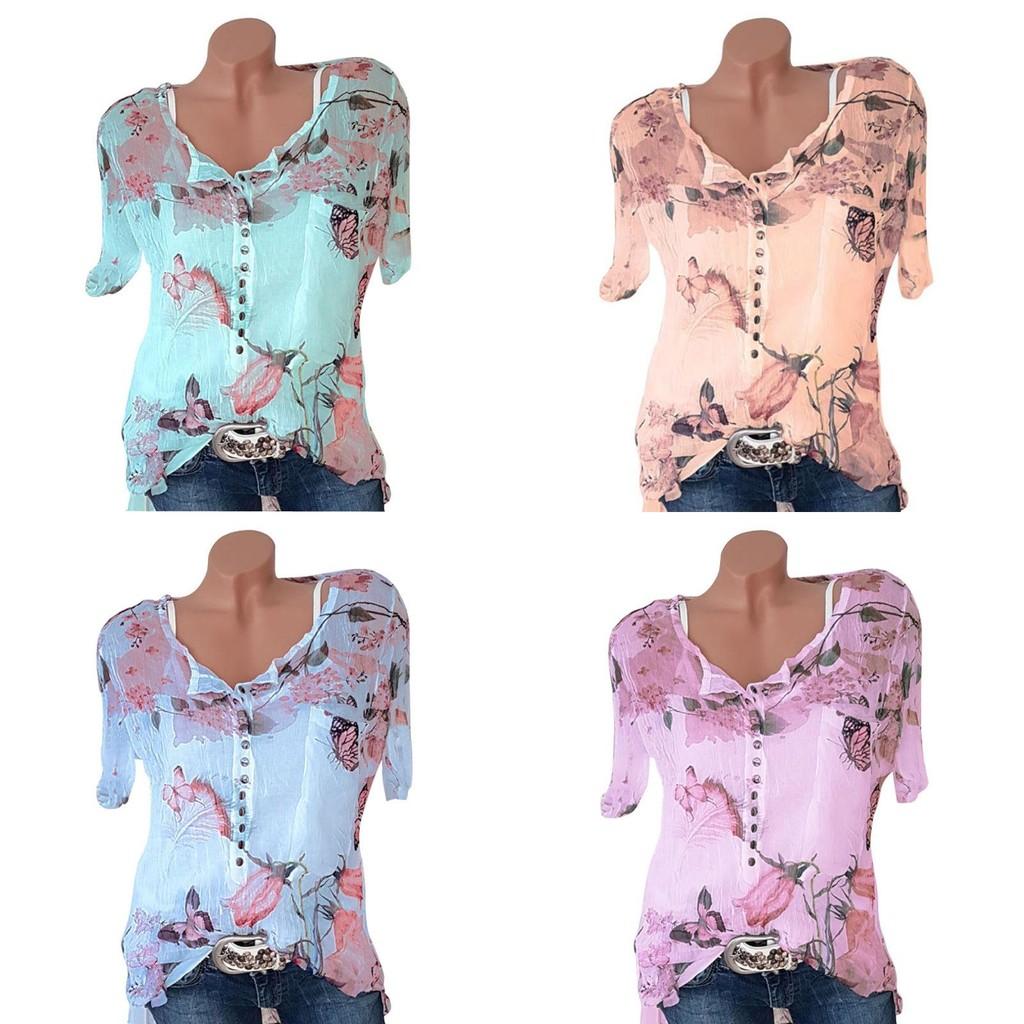 Stylish Floral Short Sleeve Ladies Chiffon Blouse For Casual Everyday Wear