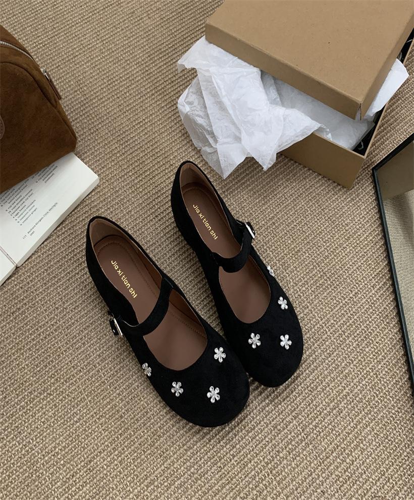 French Rhinestone Flower Mary Jane 2025 Small Square Head Light Mouth Single Shoes Women's Word with Silver Mary Jane Shoes