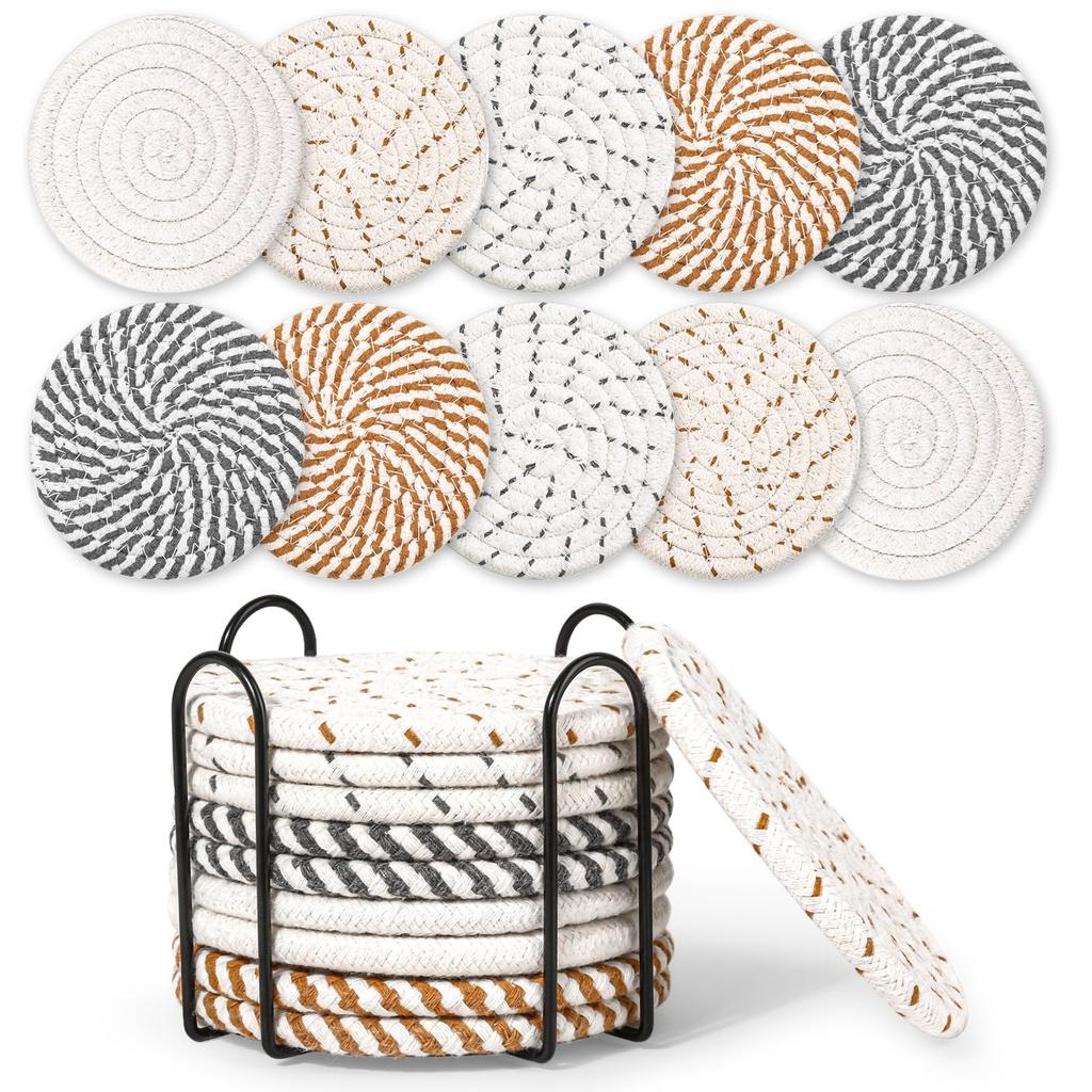 Drink Coasters with Holder, Absorbent Coasters for Coffee Table, Minimalist Cotton Woven Coaster Set for Home Decor Tabletop Protection .