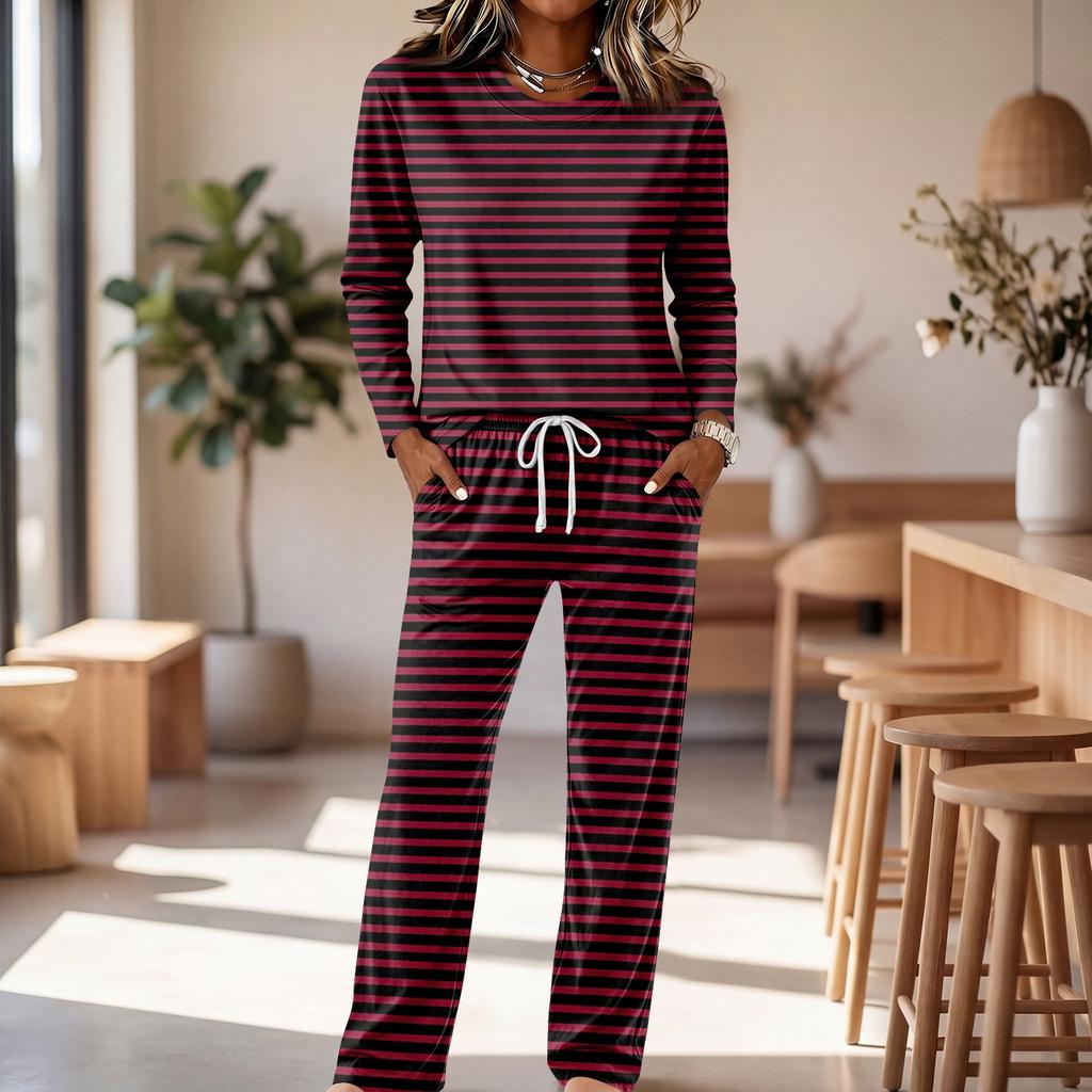 Women's Round Neck Long Sleeve Pajama Set with Drawstring Wide Leg Pants for Sleepwear Loungewear