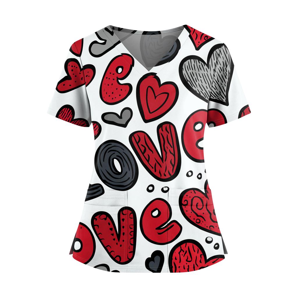 Women's Valentine's Day  Printed V-Neck Double Pocket Short Sleeves Hem Slit  Uniform Caregiver Top