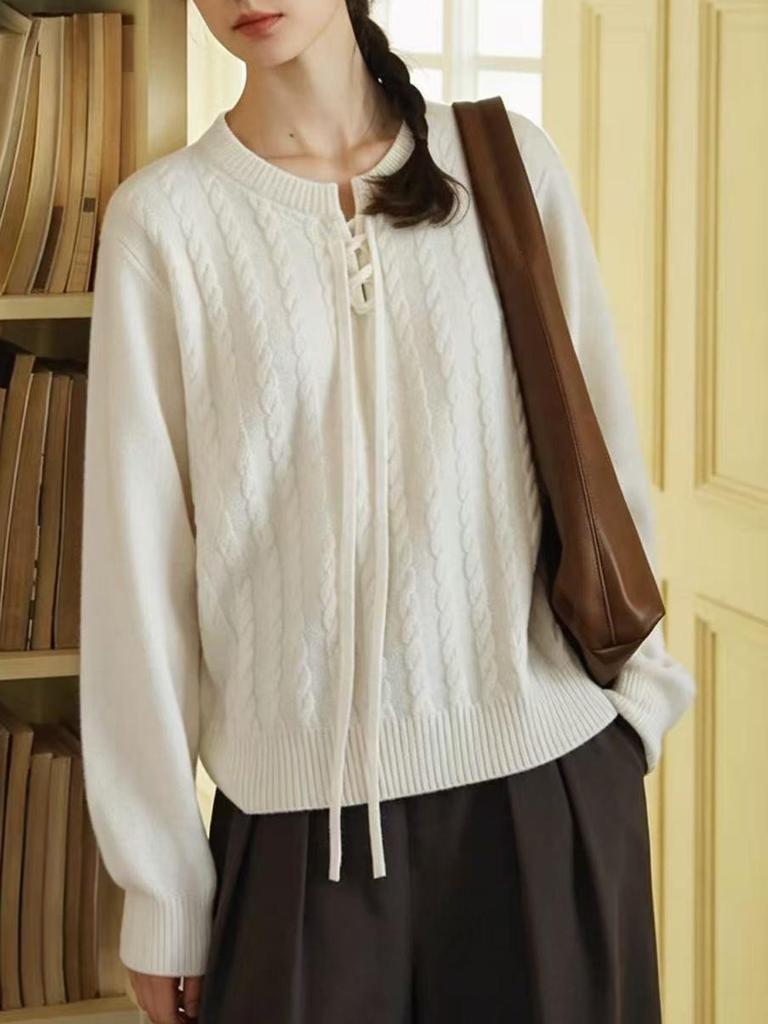 Women's Versatile Cable Knit Sweater - Loose Fit, Soft & Fluffy, Long Sleeve, Lace-Up, Round Neck for Autumn/Winter