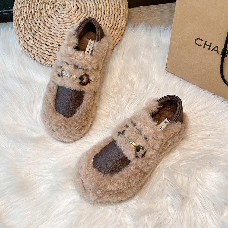 French Mary Jane fluffy shoes for women's outer wear 2025 winter new velvet warm one pedal Doudou loafer cotton shoes