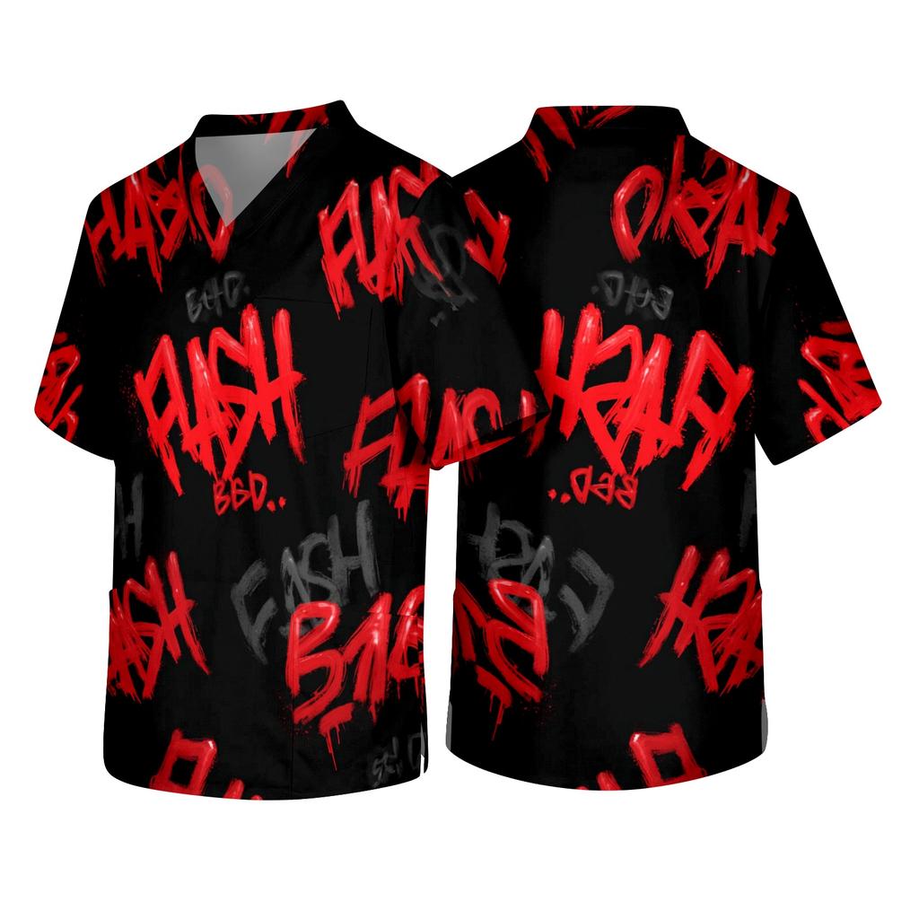 Men's Short Sleeve V Neck Halloween Print Medical Scrub Top with Chest Pocket and Two Lower Pockets Suitable for Healthcare Professionals