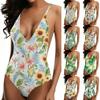 Women Swimsuit Deep V Neck Tropical Leaf Print Backless Bathing Suit Adjustable Straps Swimwear