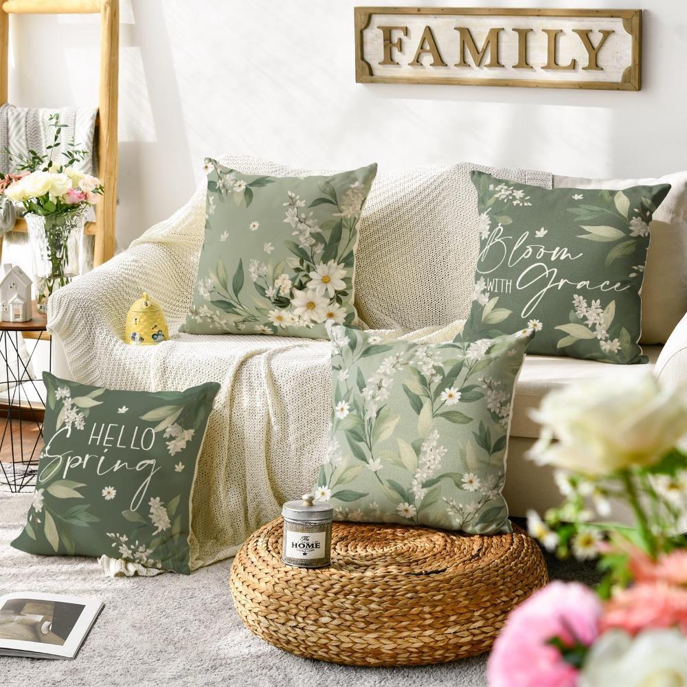 4pcs Hello Spring White Daisy Throw Pillow Covers Bloom with Grace Clove Flowers Green Cushion Case Decoration for Sofa Couch
