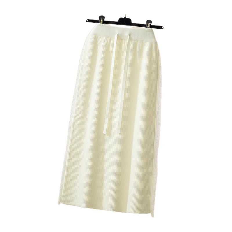 Autumn/Winter 2025 High-Waisted Drawstring Fringe Midi Knit Skirt for Women