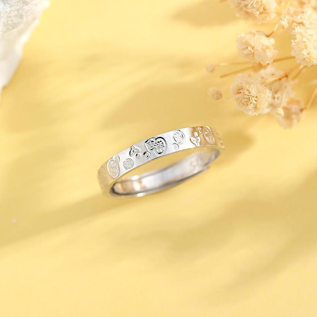 Ring für den kleinen Finger für Damen im chinesischen Stil aus S925 Sterlingsilber mit Glück verheißenden Worten - Glück & Wohlstand Offener Ring.