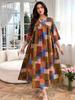Plus Size V-Neck Floral Patchwork Dress - Women's Middle Eastern Style, Loose Fit, Three-Quarter Sleeve, Casual Vacation Wear
