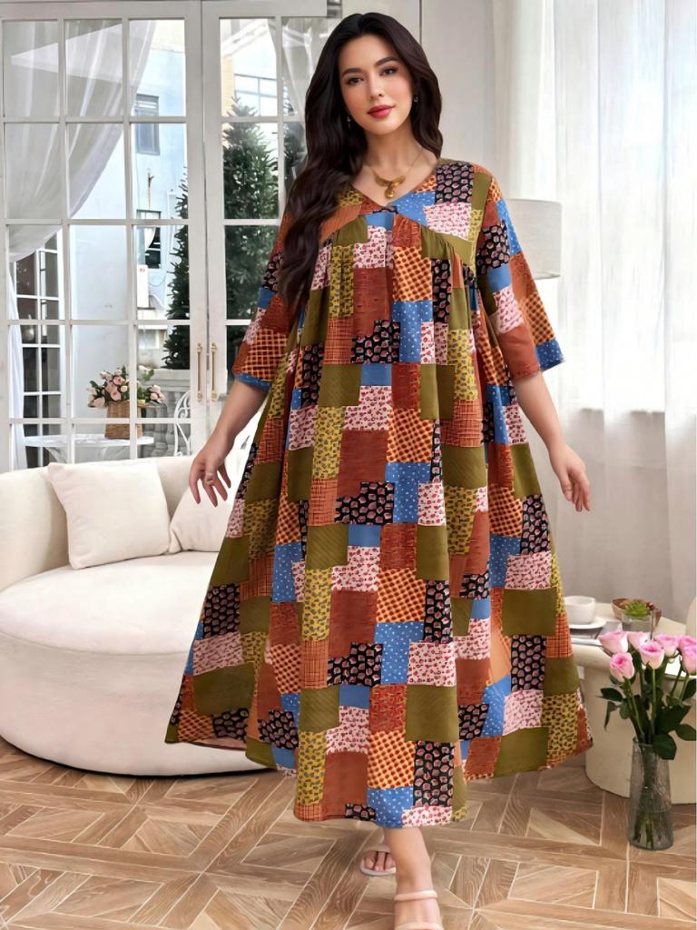 Plus Size V-Neck Floral Patchwork Dress - Women's Middle Eastern Style, Loose Fit, Three-Quarter Sleeve, Casual Vacation Wear