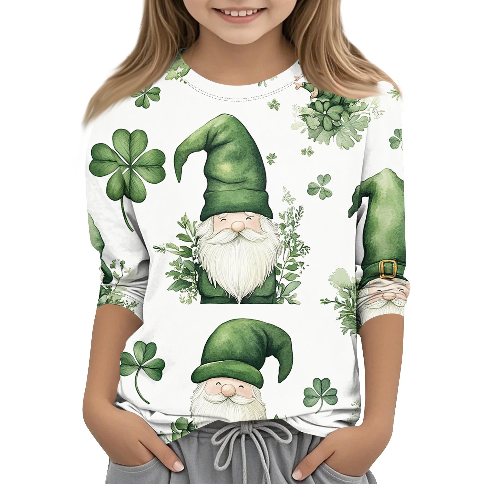 

St. Patrick s Day Print Tops For Youth Girls 4-11 Years Round Neck 3/4 Sleeves T-Shirts Trendy Tops Outfit Tees 160