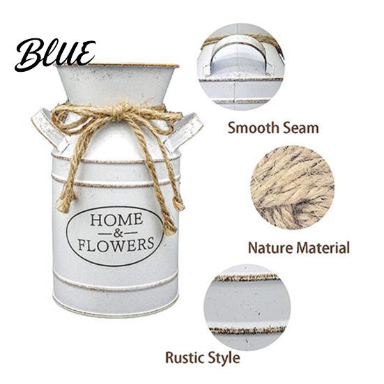 Farmhouse Style Flower Vase Vintage Iron Can Bucket Double-Handle Metal with Jute Bow