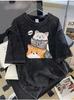 Vintage Washed Cotton TShirt Women Cute Cats Graphic Tee Retro Acid Wash Short Sleeve Top Japanese Style Streetwear TShirt
