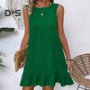 Summer Sundress Ruffle Hem Loose Sleeveless Round Neck Solid Color A-line Mini Dress for Beach Datings Vacation