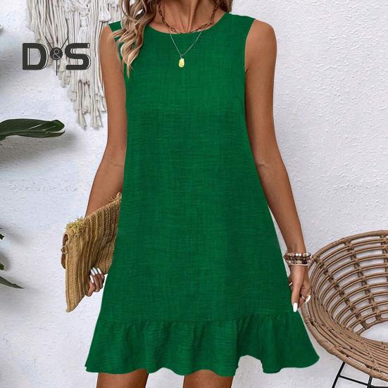 Summer Sundress Ruffle Hem Loose Sleeveless Round Neck Solid Color A-line Mini Dress for Beach Datings Vacation