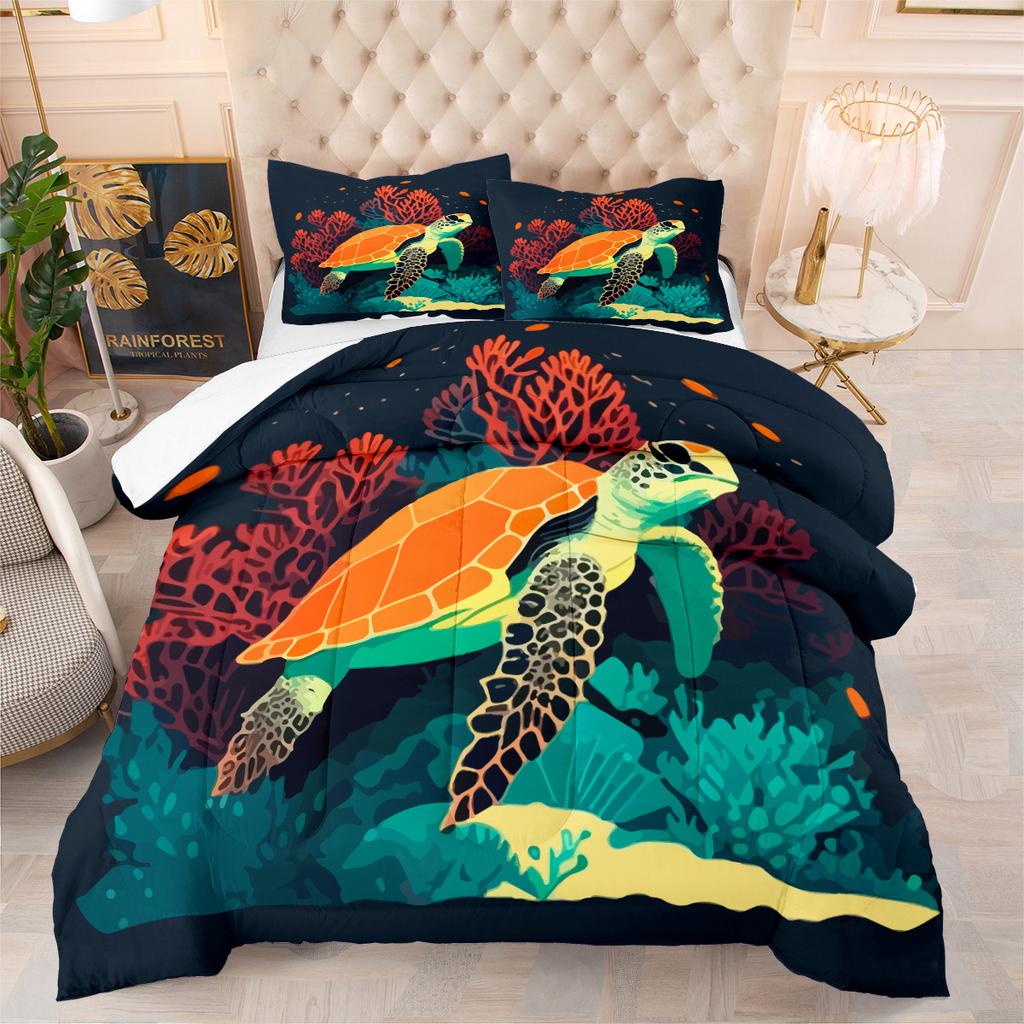 Colorful Sea Turtle Digital Print Comforter Set - 3 Piece Bedding Set