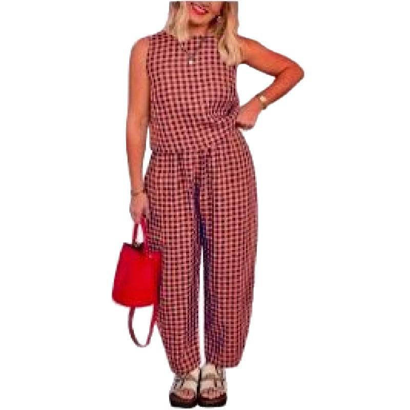 Women's 2026 New Printed Plaid Loose Casual Sleeveless Vest and Pants Set